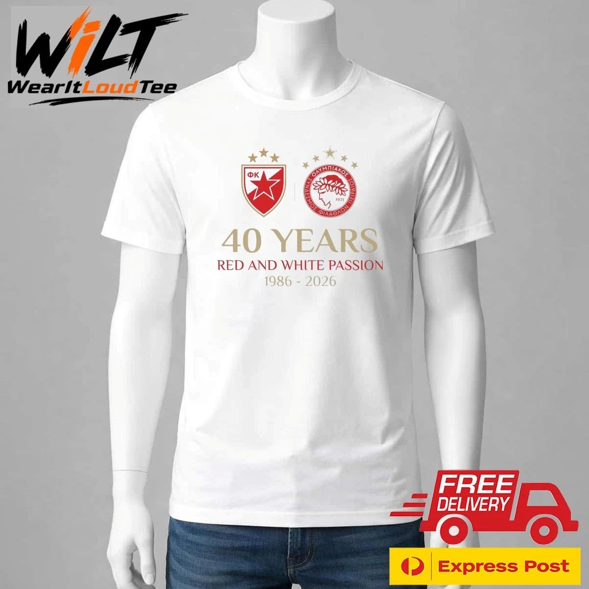 FK Crvena zvezda x Olympiacos FC 40 Years of Red & White Passion Anniversary Shirt Two Sided
