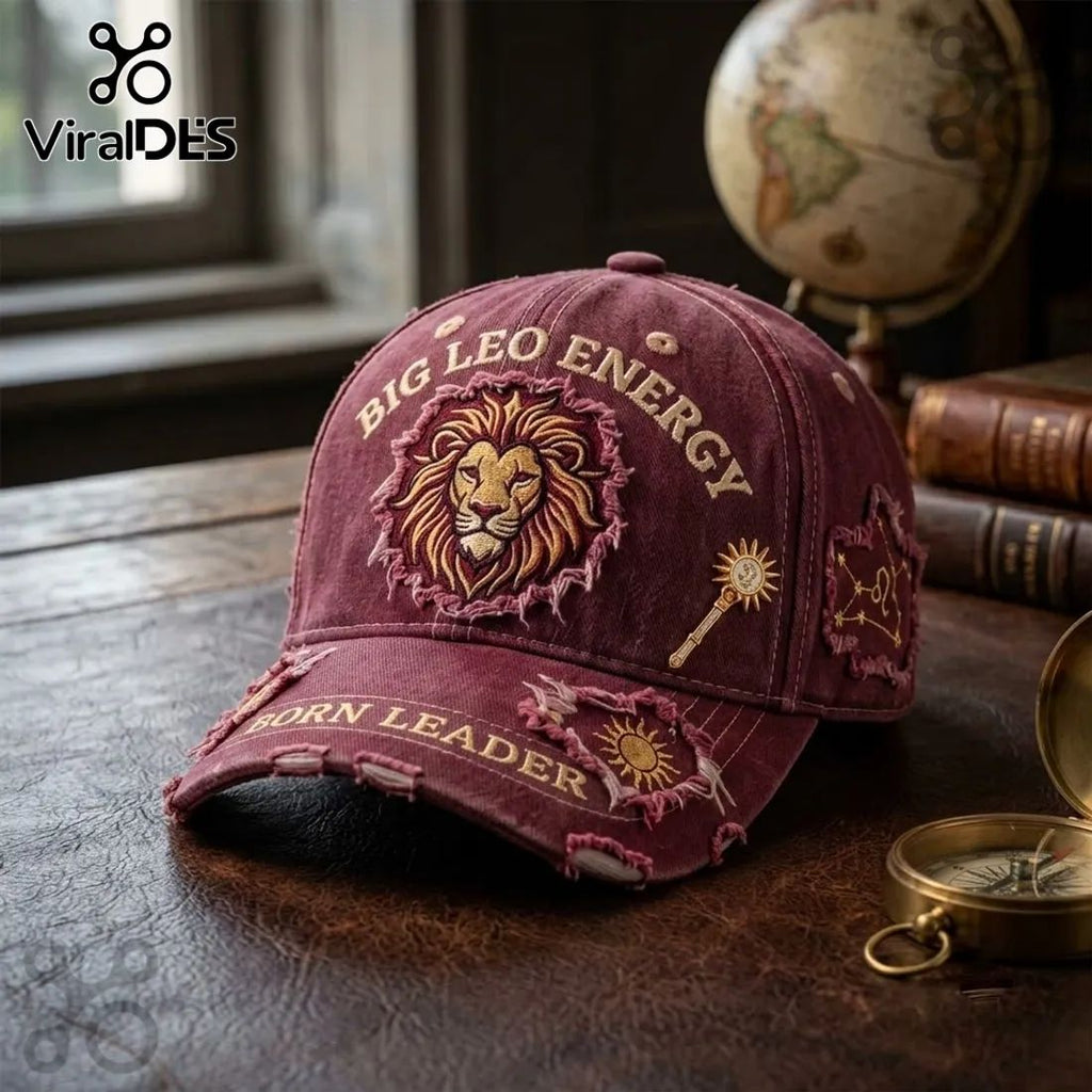 Big Leo Energy Embroidered Maroon Distressed Baseball Cap