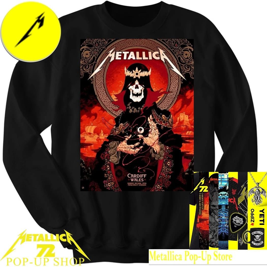 Metallica Cardiff 2026 M72 World Tour Double-Sided T-Shirt – June 28 Principality Stadium Wales Peter Diamond Skull King Graphic Concert Merchandise Tee