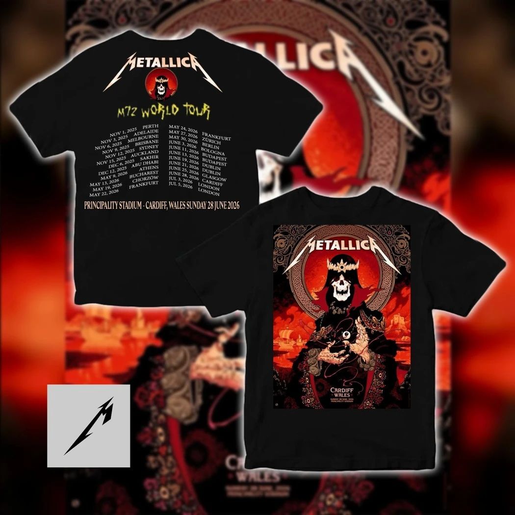Metallica M72 World Tour Principality Stadium Cardiff Wales Sunday 28 June 2026 Peter Diamond 2-Sided City List Shirt