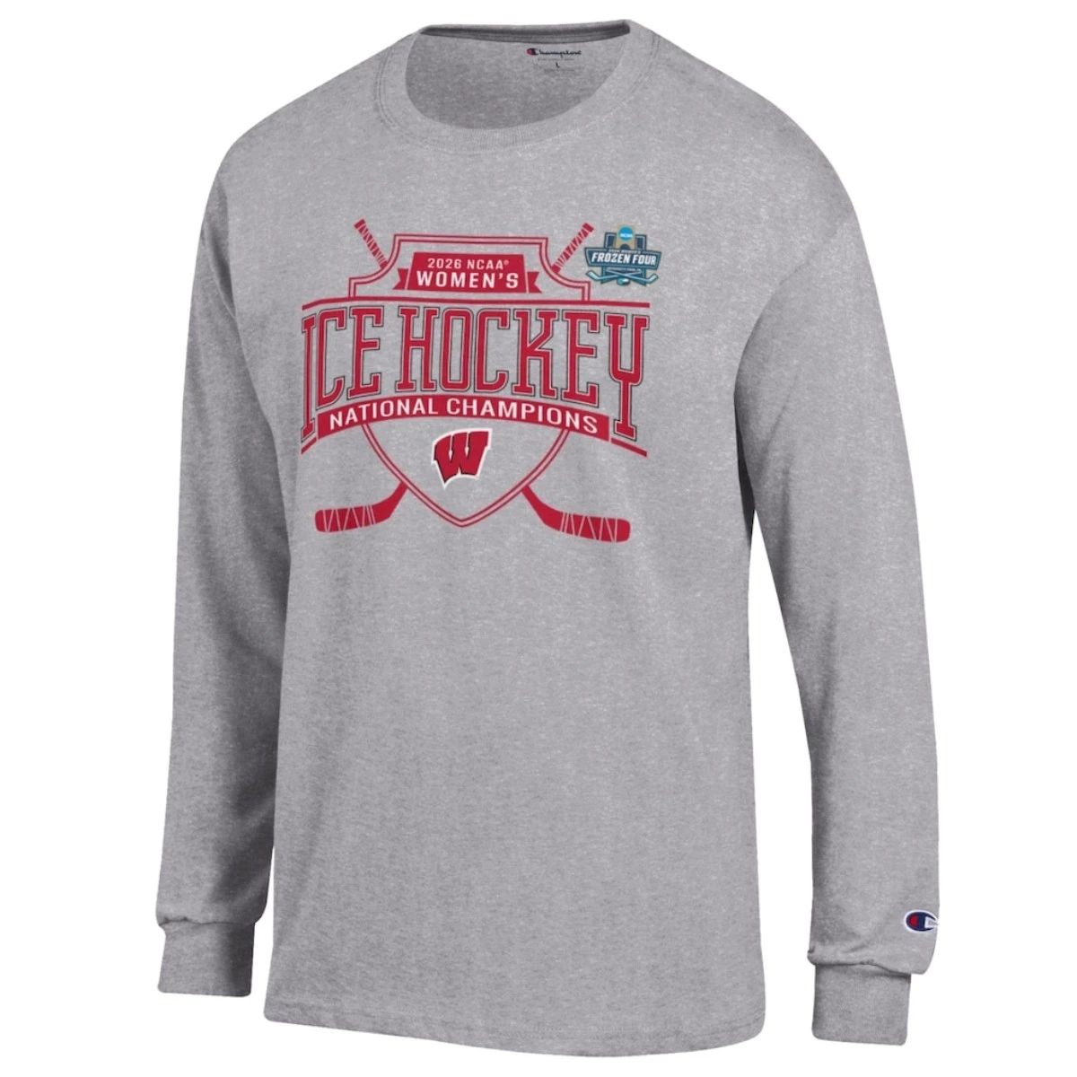 Unisex Champion Gray Wisconsin Badgers 2026 NCAA Frozen Four Women’s Ice Hockey National Champions Long Sleeve T-Shirt