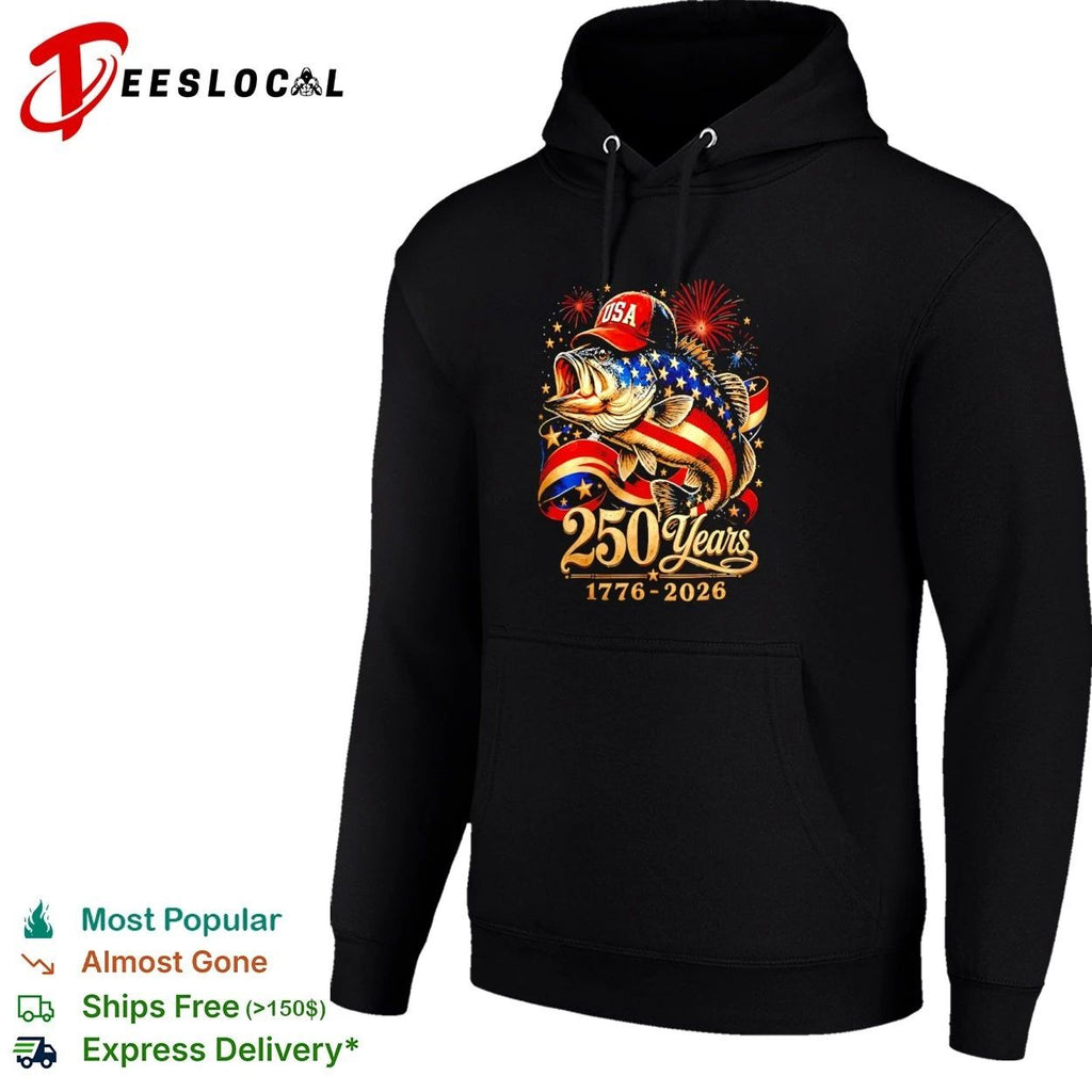 USA 250 Years 1776-2026 Patriotic Bass Fishing American Flag T-shirt