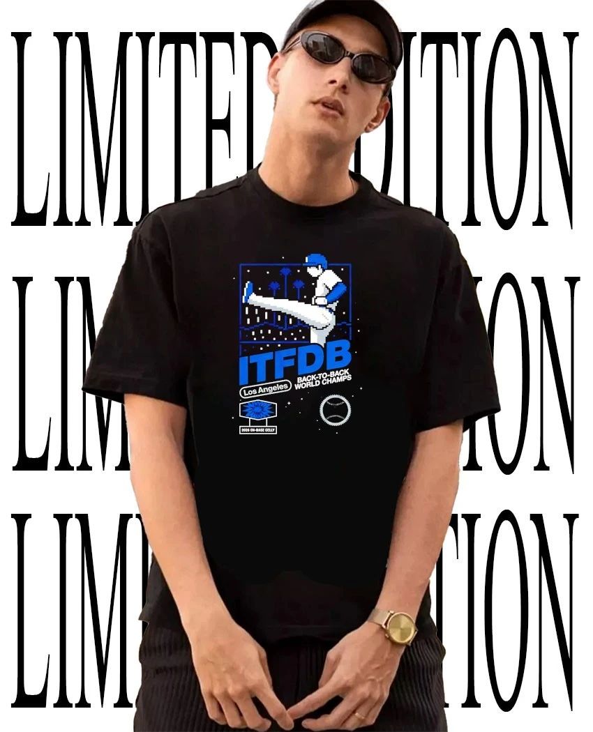 ITFDB Los Angeles Dodgers back to back World Champs LA Kick Celly retro video games shirt