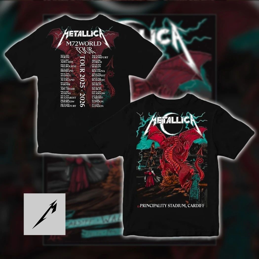 Metallica M72 World Tour 2026 Cardiff Wales Principality Stadium June 28 Red Dragon Duchess Of Dark Double Sided Concert T-Shirt