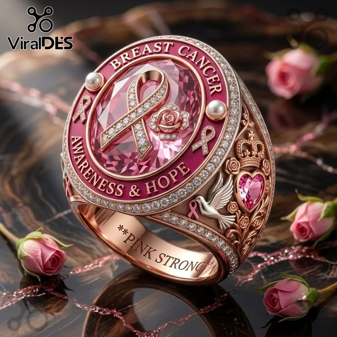 Breast Cancer Awareness Pink Crystal Ribbon Rose Ring