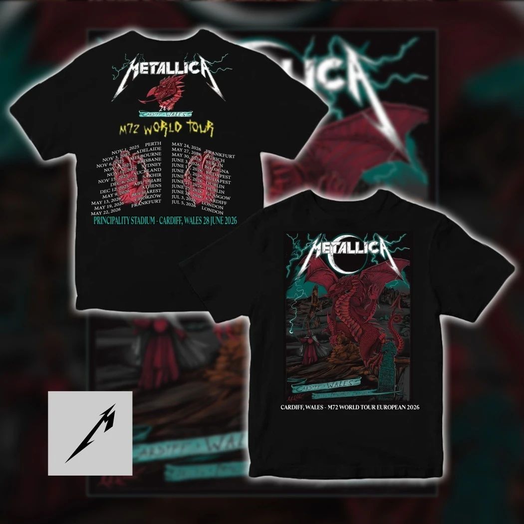 Metallica M72 World Tour 2026 Cardiff Wales T-Shirt – Official Sabrina Edwards Welsh Red Dragon & Wizard Graphic 2-Sided Concert Tee with Europe Tour Dates