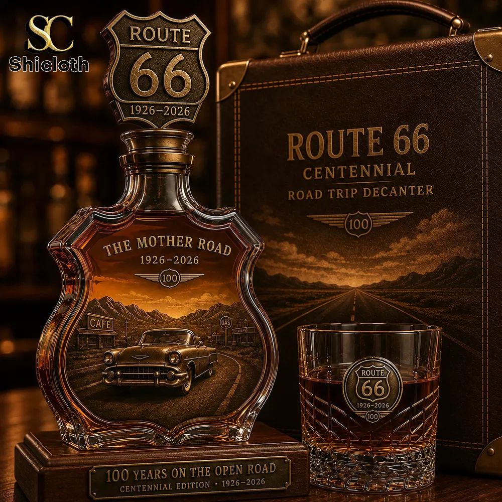Route 66 The Mother Road 1926-2026 100 Years Of Open Road Whiskey Decanter & Glass Set