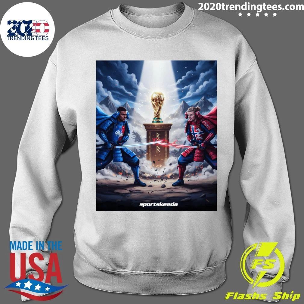Kylian Mbappé and Erling Haaland Football Rivals Battle for the Championship Trophy Fantasy Artwork Shirt