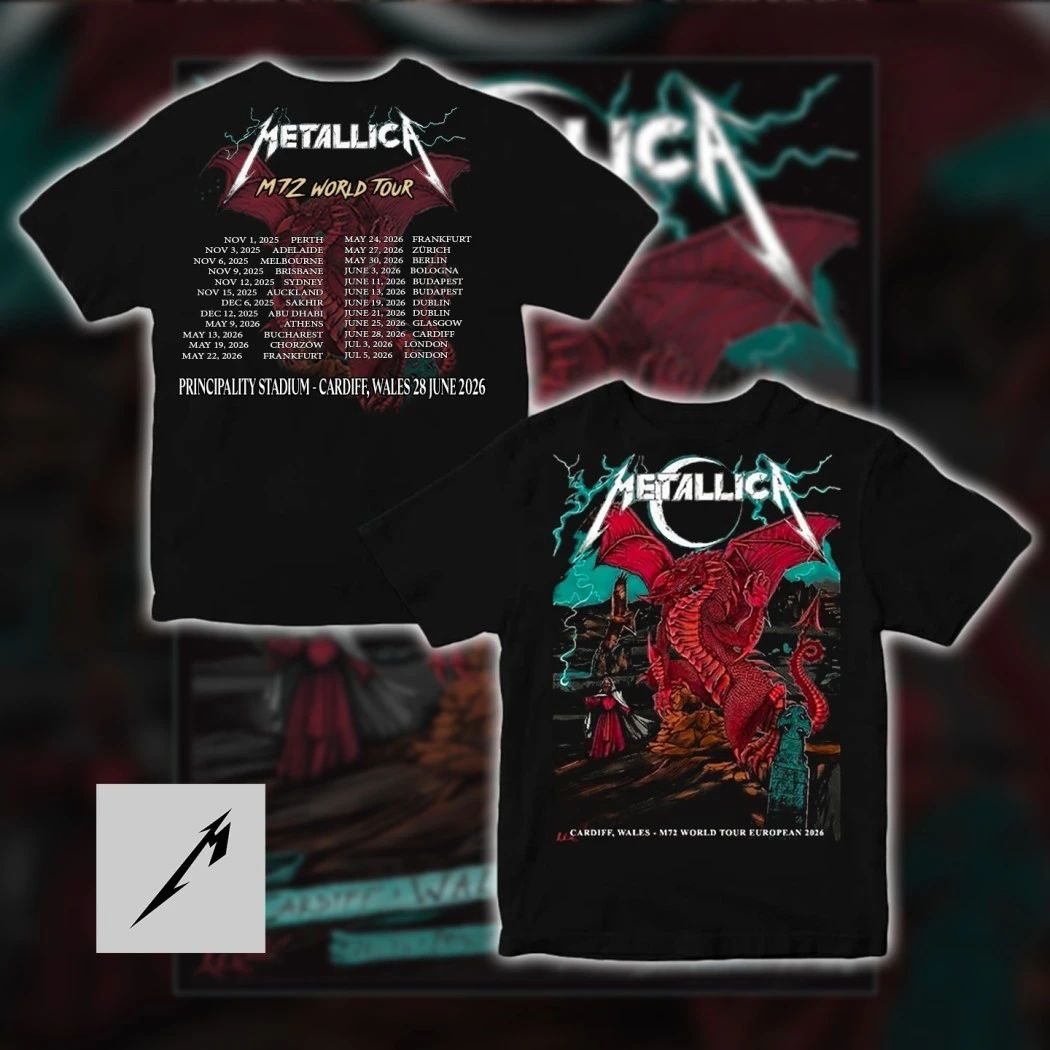 Metallica Cardiff 2026 T-Shirt M72 World Tour Red Dragon Double-Sided Merch Principality Stadium Wales June 28 Tee