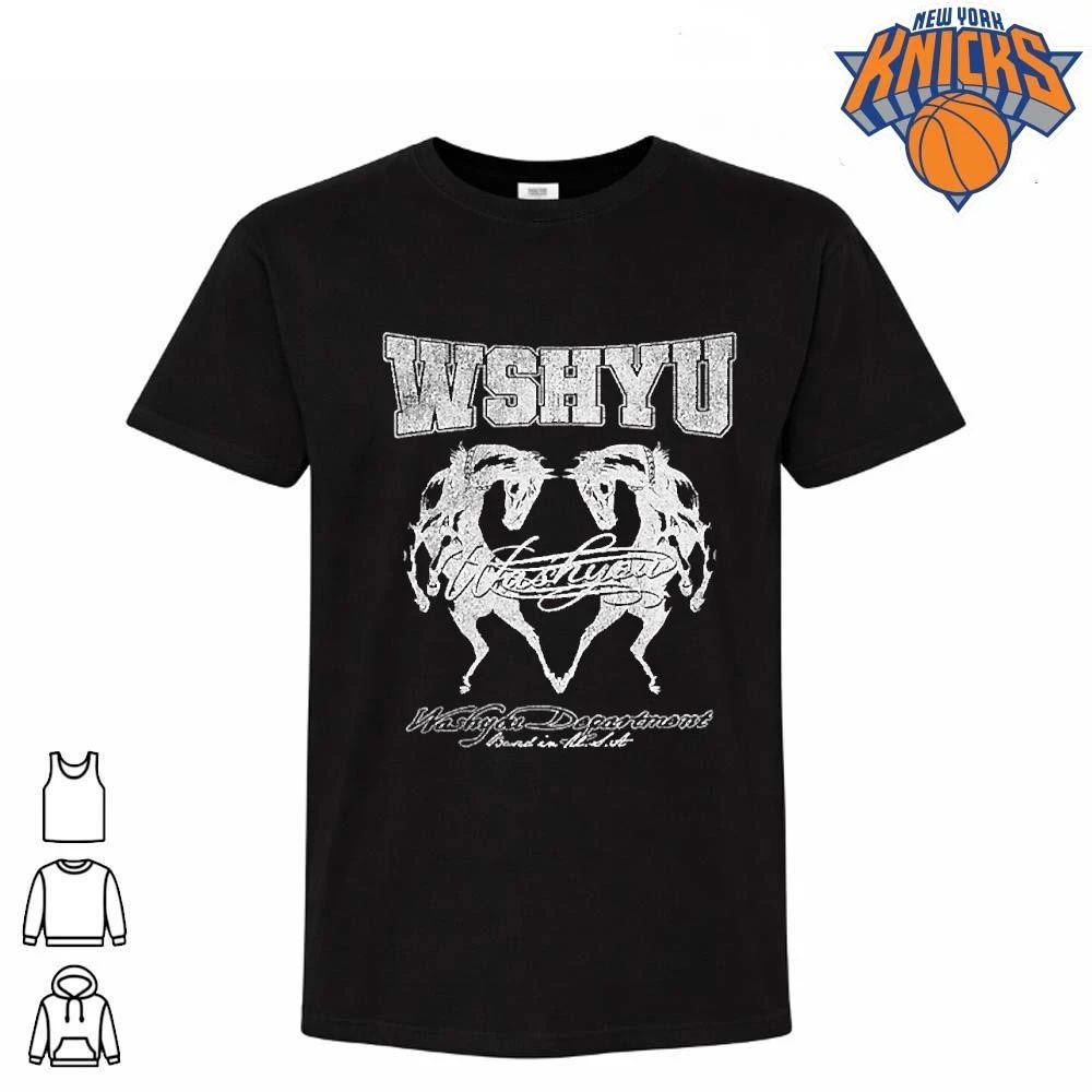 WSHYU Rearing Twin Horses Logo Print College Style Streetwear Tee Shirt