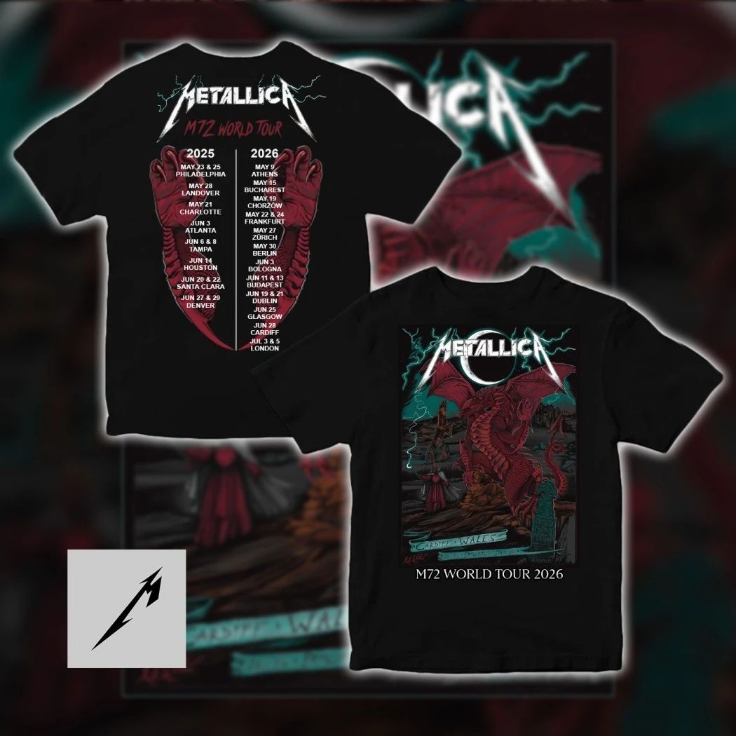 Metallica M72 World Tour 2025 2026 Cardiff Wales Europe Tour Date Pop-Up Shop Duchess Of Dark Red Dragon T-Shirt