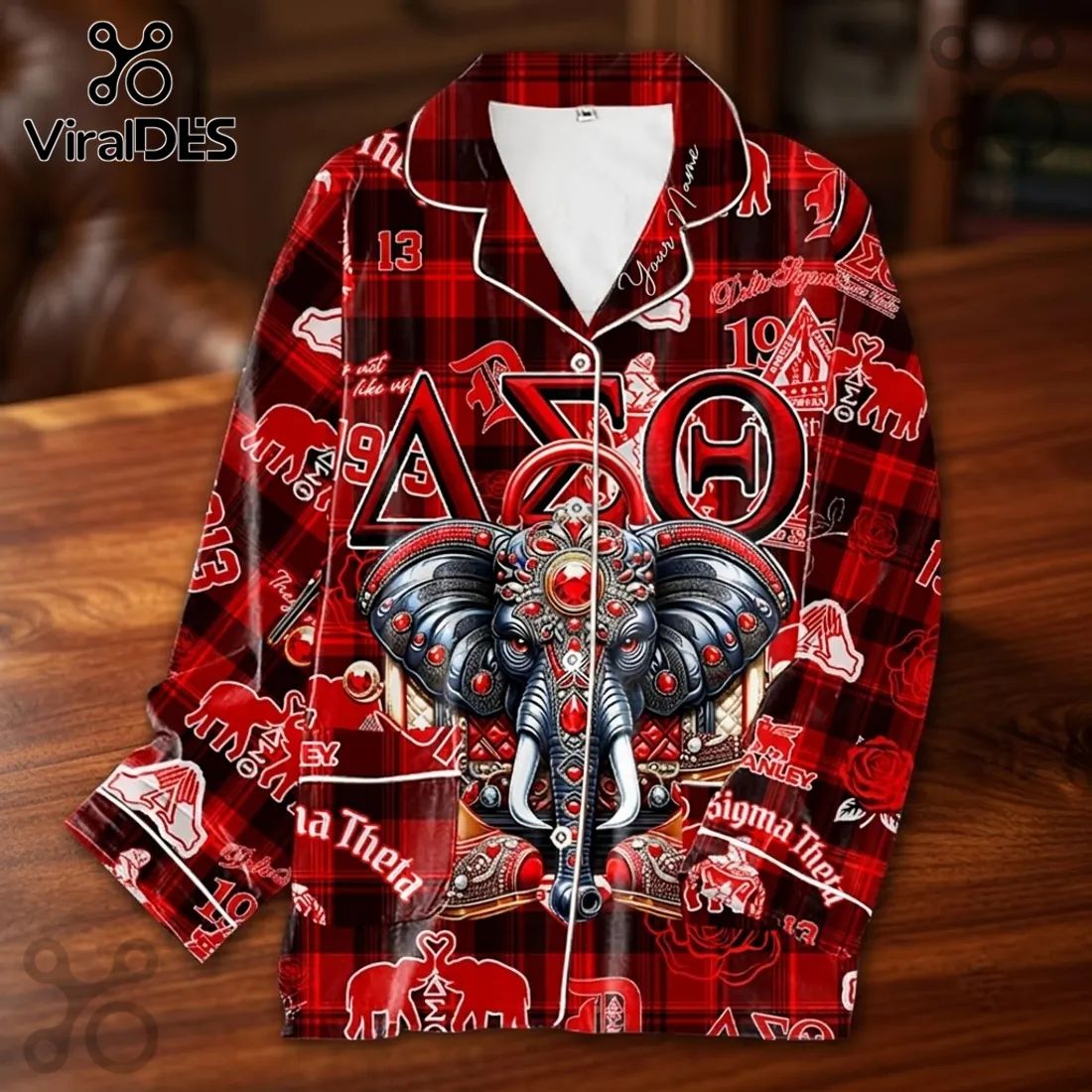 Delta Sigma Theta Red Plaid Elephant Pajama Set