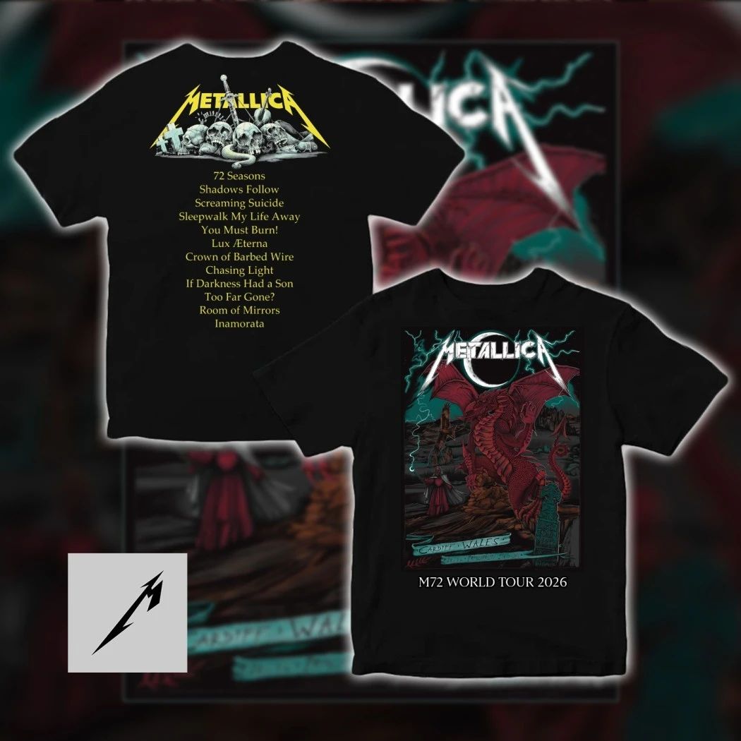 Metallica M72 World Tour 2026 Cardiff Wales T-Shirt – Duchess Of Dark Red Dragon 72 Seasons Tracklist Art Pop-Up Store Double-Sided Concert Merch Tee