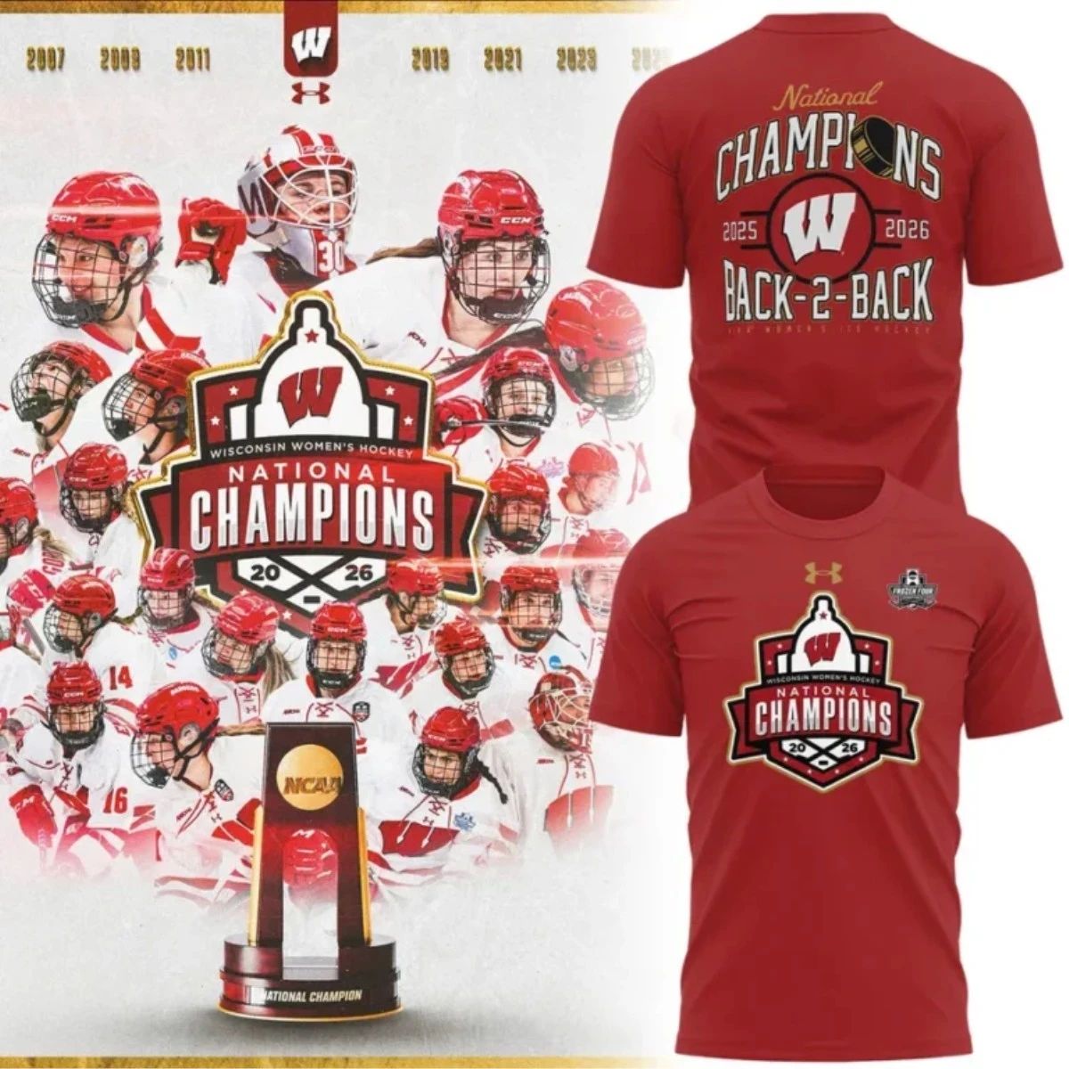 Wisconsin Women’s Hockey National Champions Back-2-Back 2025 2026 T-Shirt