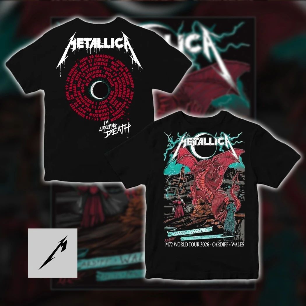 Metallica M72 World Tour Cardiff Wales 2026 Two-Sided Shirt – Duchess Of Dark Red Dragon Fantasy Art Creeping Death Principality Stadium Event Merch Tee