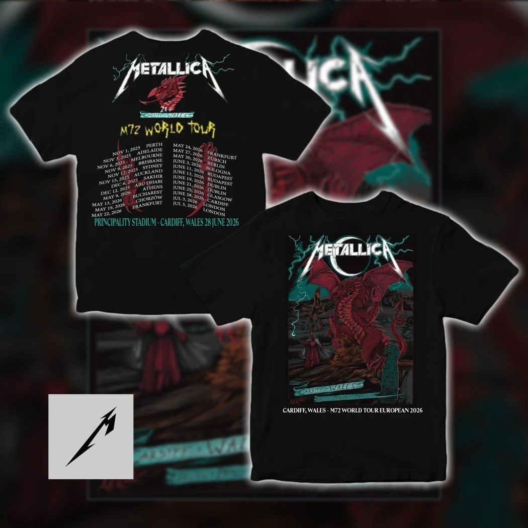 Metallica M72 World Tour 2026 Cardiff Wales T-Shirt – June 28 Principality Stadium Concert Double-Sided Merch Featuring Red Dragon Artwork
