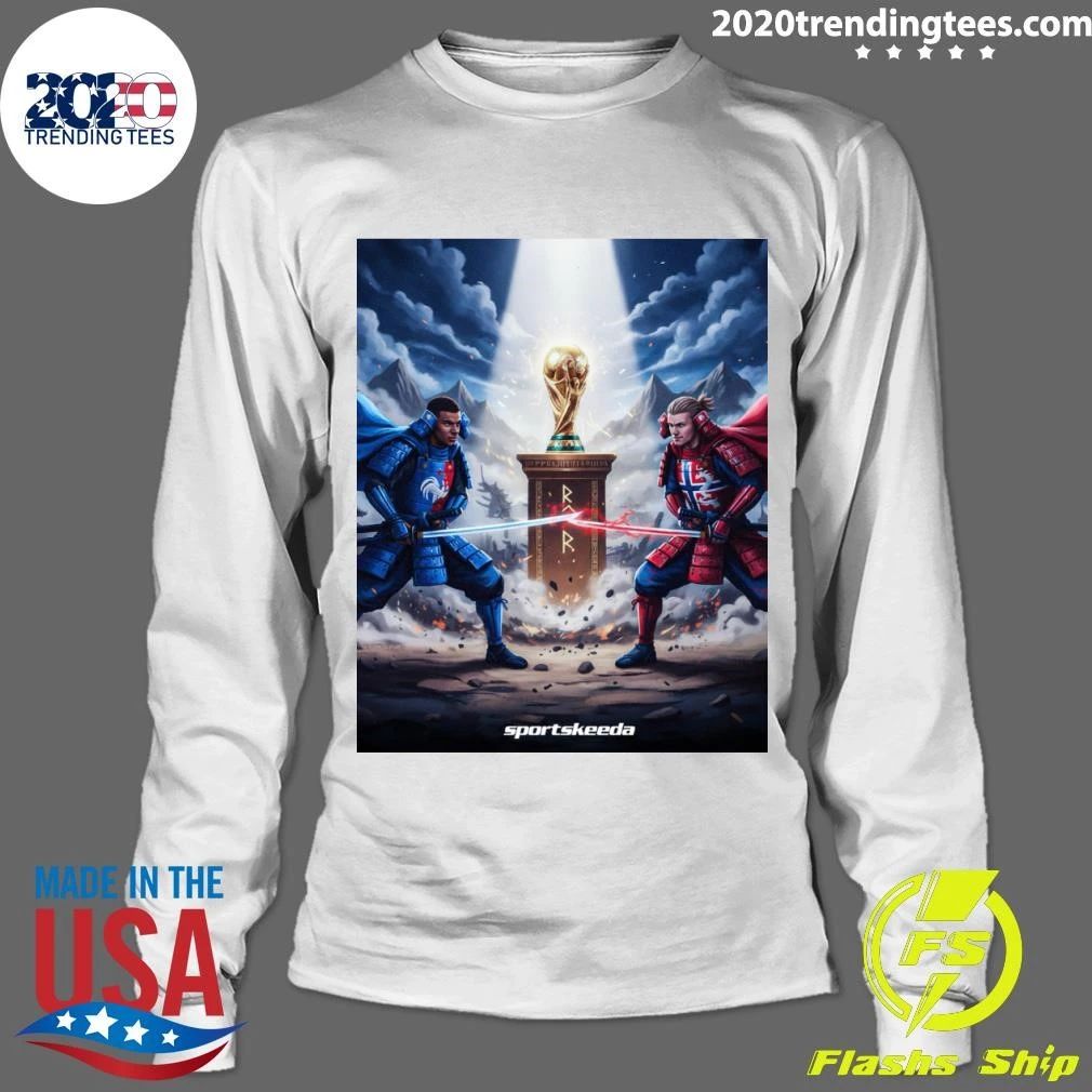 Kylian Mbappé and Erling Haaland Football Rivals Battle for the Championship Trophy Fantasy Artwork Shirt