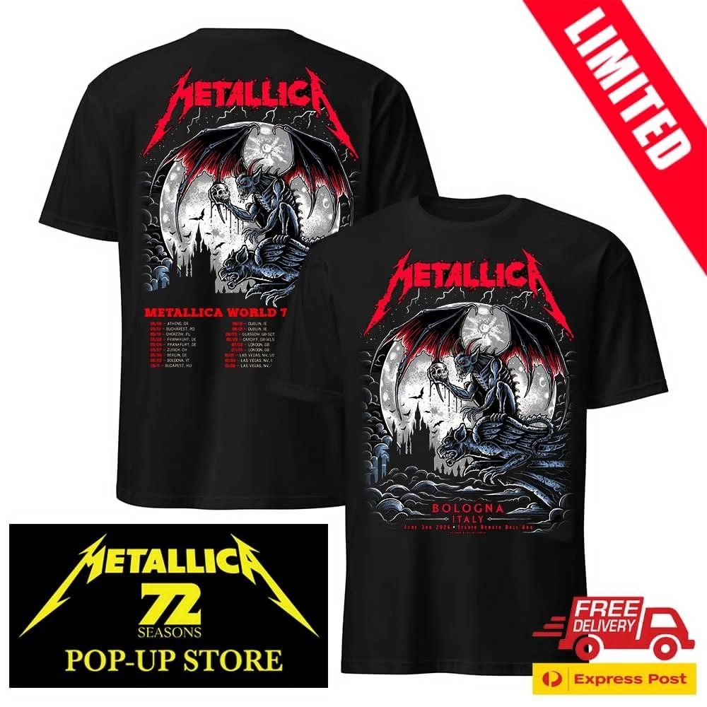 Metallica Keith Stanley Design Bologna Italy June 3 2026 Tour Dates Two Sided Tee
