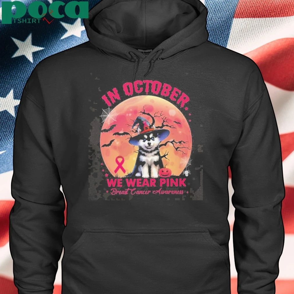 Husky In October We Wear Pink Breast Cancer Awareness Halloween Logo Shirt