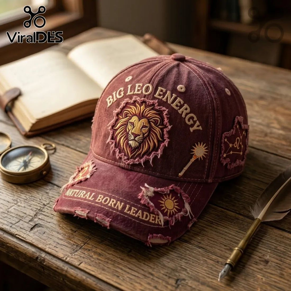 Big Leo Energy Embroidered Maroon Distressed Baseball Cap