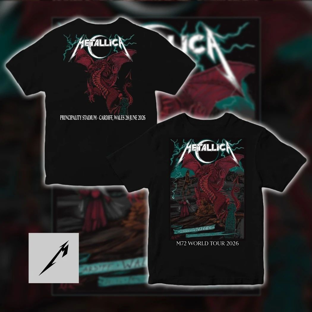 Metallica M72 World Tour 2026 Principality Stadium Cardiff Wales Pop-Up Store Red Dragon Double Sided T-Shirt