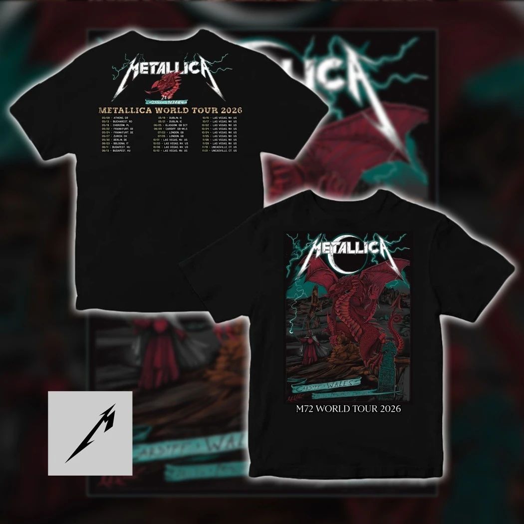 Metallica M72 World Tour 2026 Cardiff Principality Stadium White Font Dragon Merch T-Shirt