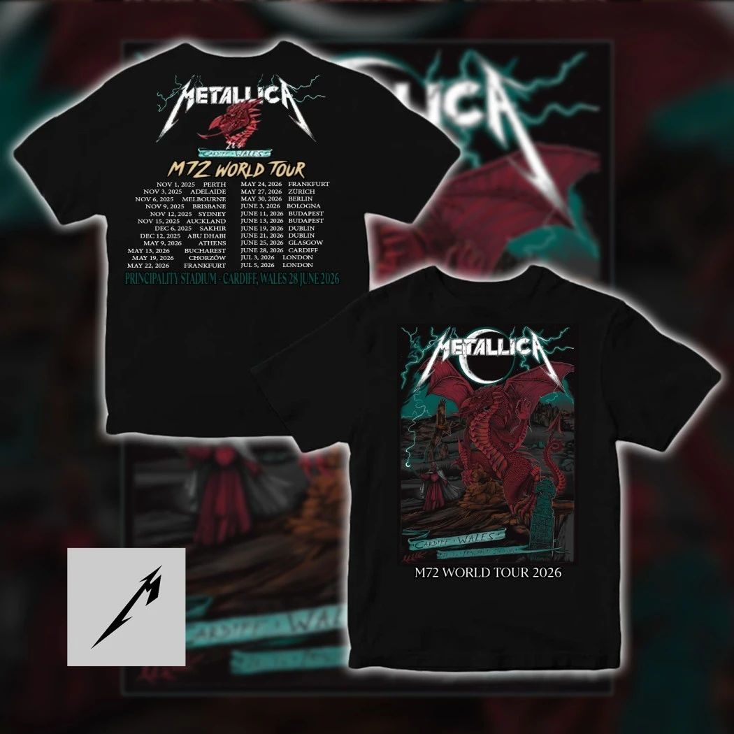 Metallica M72 World Tour 2025 2026 Principality Stadium Cardiff Wales Dragon Poster Double Sided T-Shirt