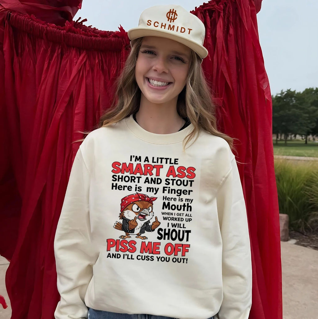 I’m a little smart ass short and stout here is my finger here is my mouth cartoon bird shirt