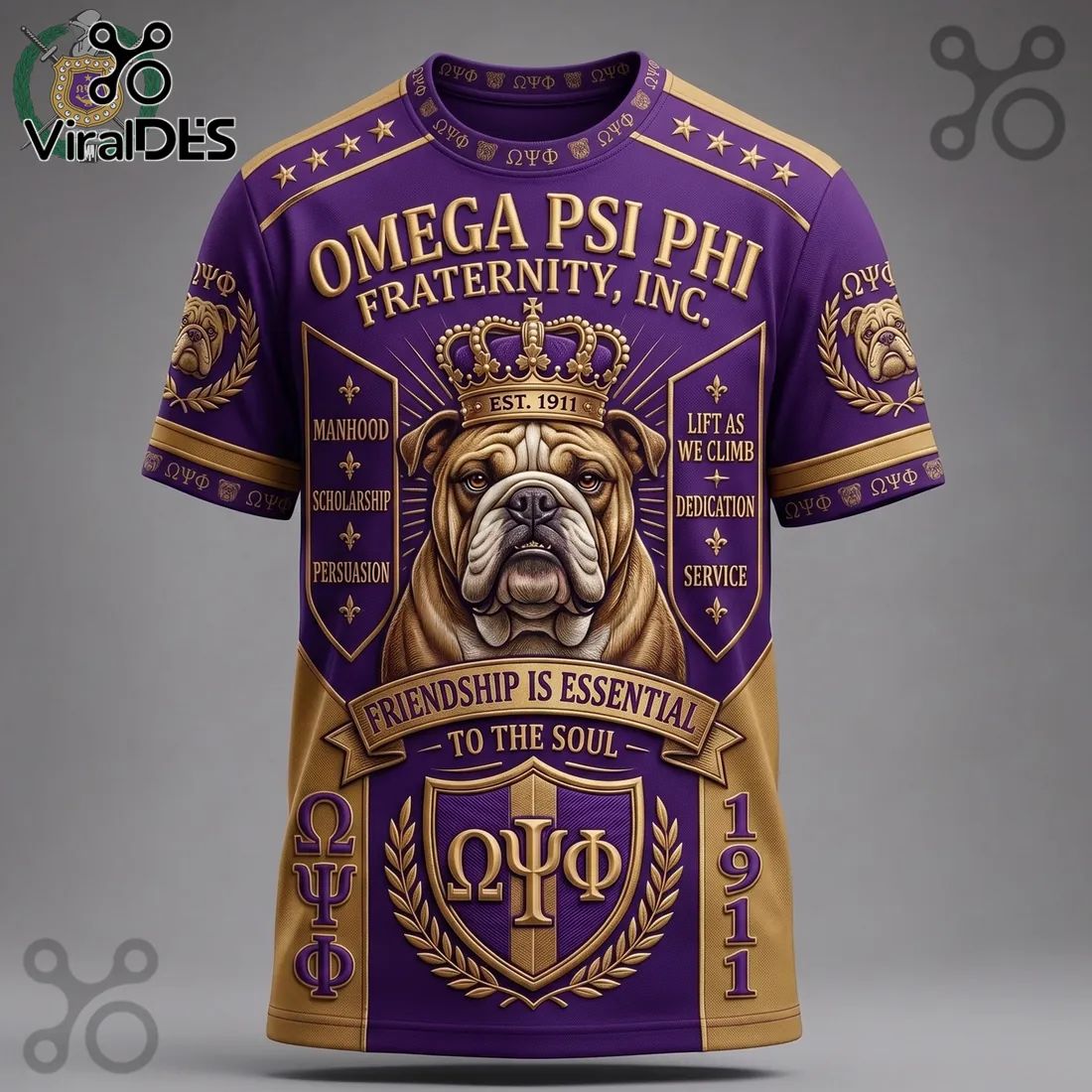 Omega Psi Phi Fraternity Bulldog Purple Gold T-Shirt
