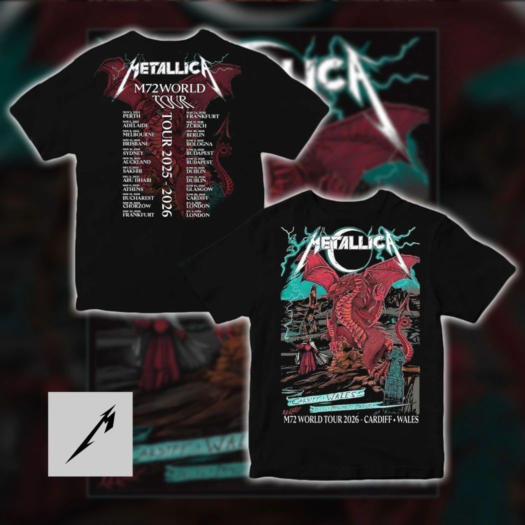 Metallica M72 World Tour 2026 Cardiff Wales Principality Stadium Red Dragon Artwork By Duchess Of Dark Concert T-Shirt