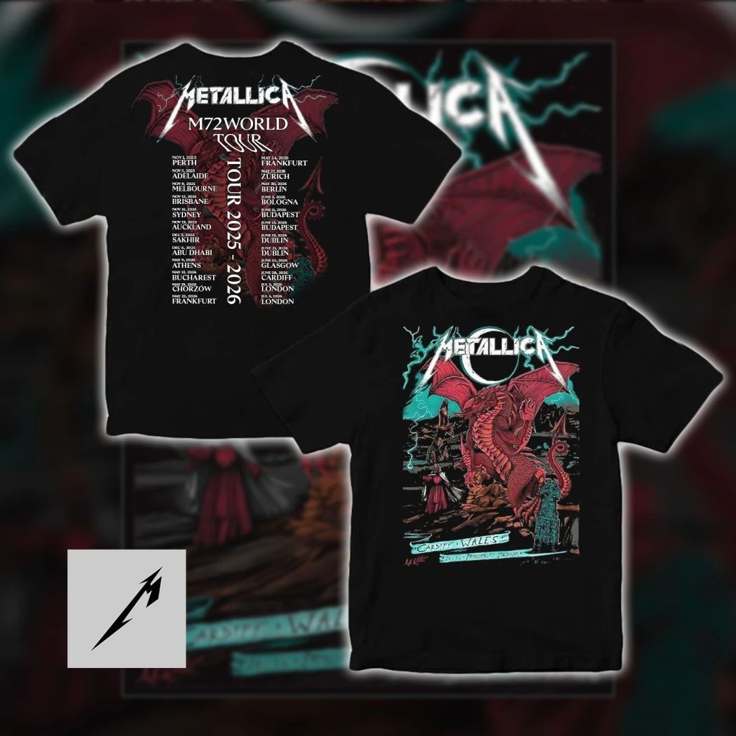 Metallica M72 World Tour June 28 2026 Cardiff Wales Principality Stadium Red Dragon Duchess Of Dark Double Sided Authentic Concert Merch Tee