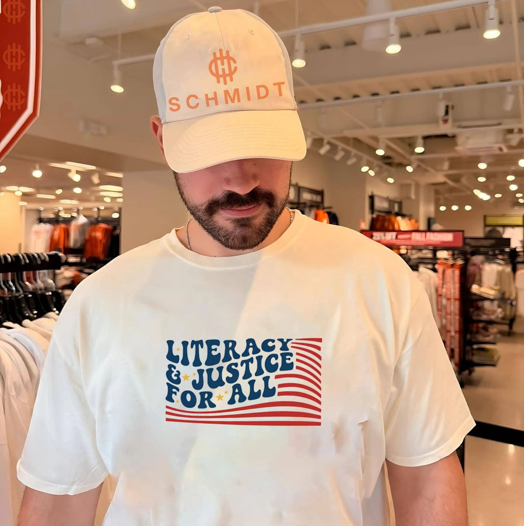 Literacy and Justice for All reading teacher shirt