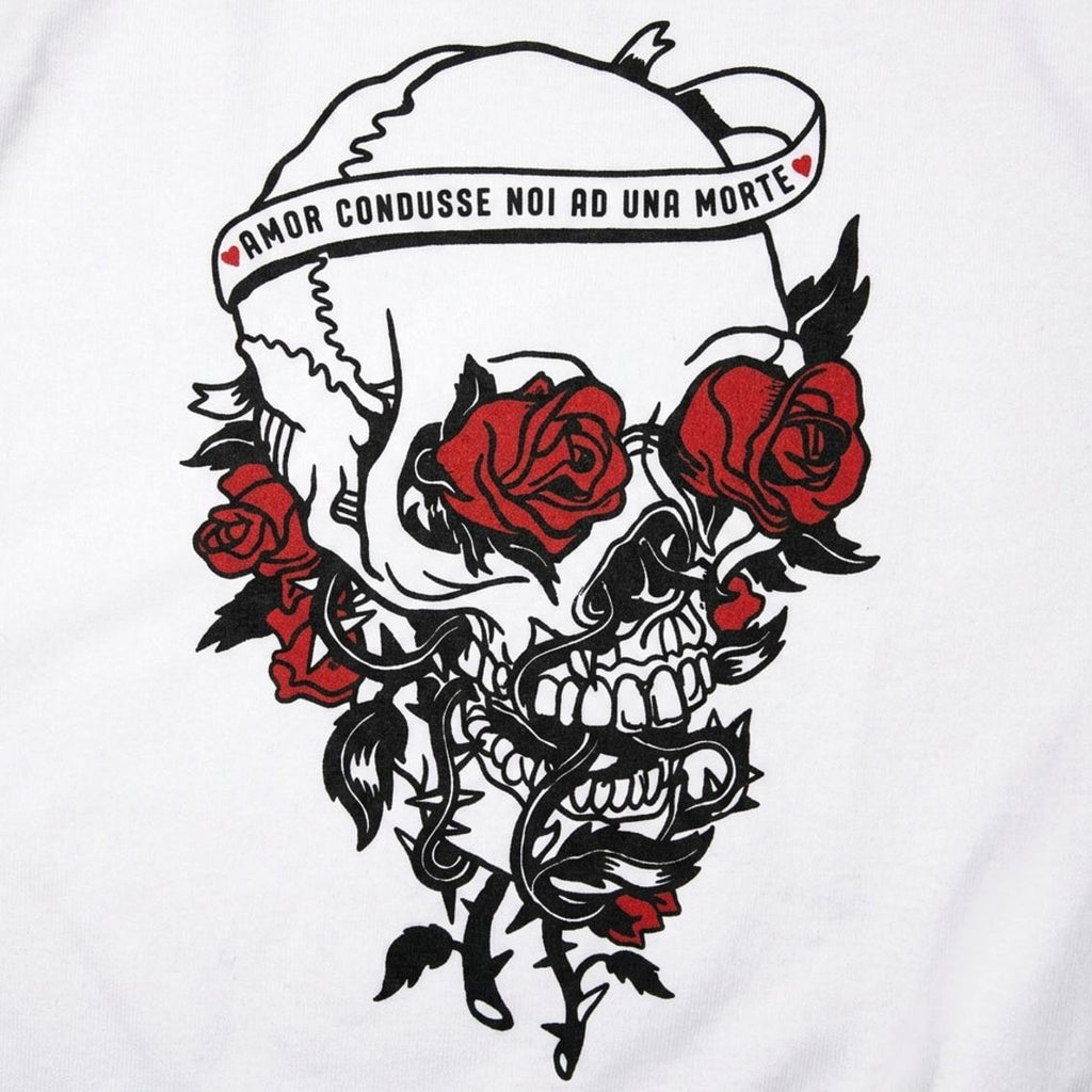 Skull And Roses Tattoo Design with Love and Death Banner